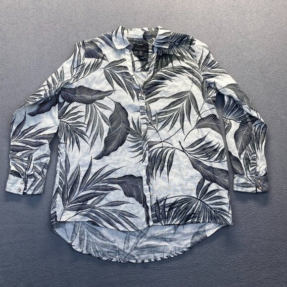 Tahari 100% Linen Button Front Blouse Roll Tab Sleeve Tropical Botanical Size M - Picture 1 of 9